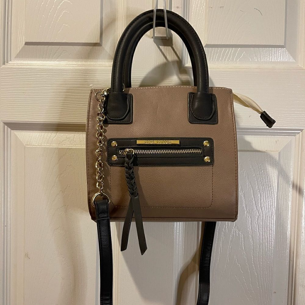 NWOT Steve Madden Tri color beige ,cream & black Satchel gold tone accents